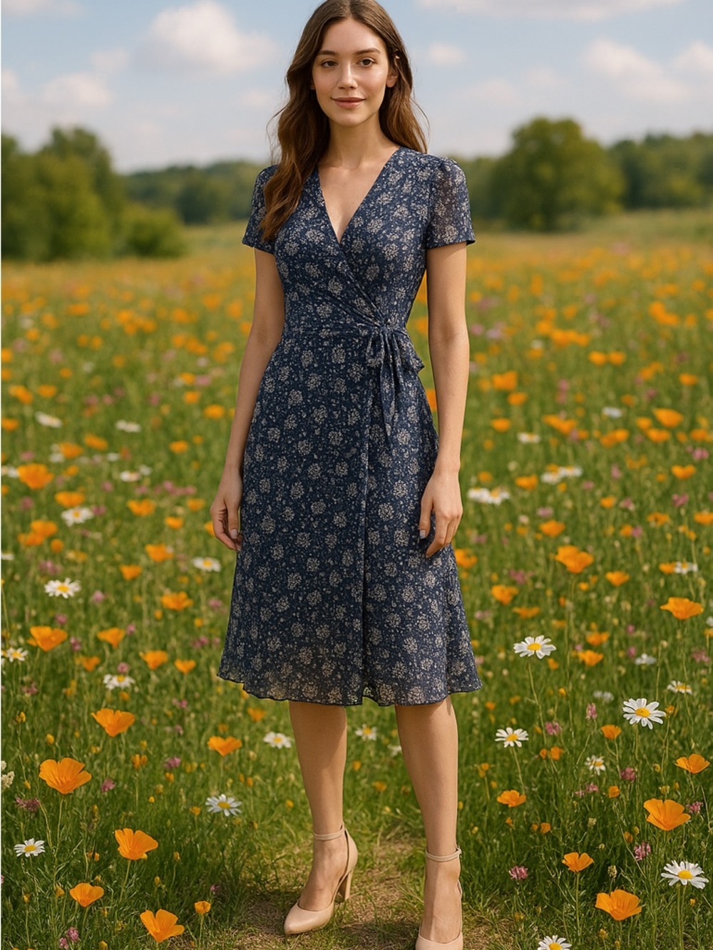 Sezane-Navy Floral Wrap Dress